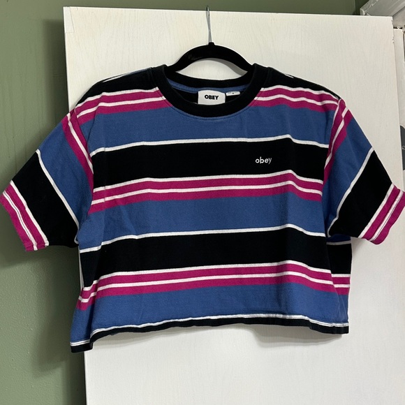 Obey Tops - Obey Blue and Pink Striped Tee